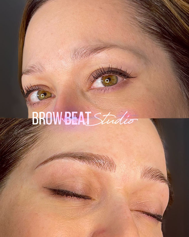 Natural microblading results shown before and after Eyebrow tattoo creating soft, natural everyday look