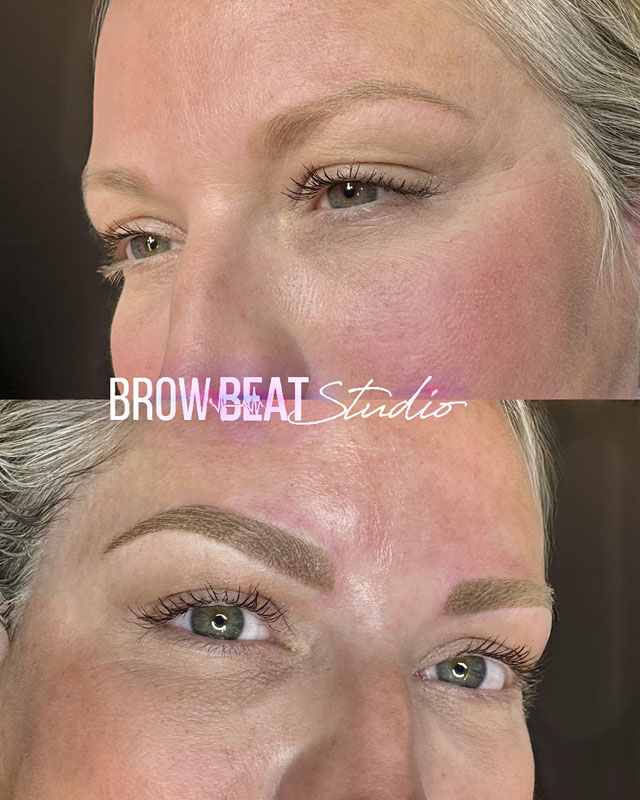 Blonde client showing soft powder brow shading results