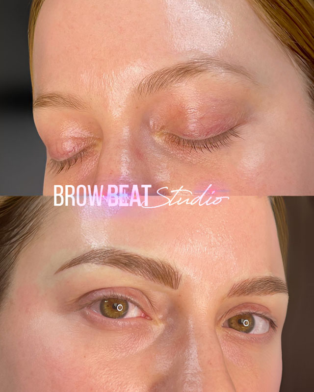 Client smiling after eyebrow tattoo results