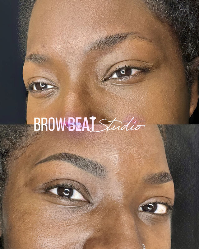 High melanin client showing healed powder brow results