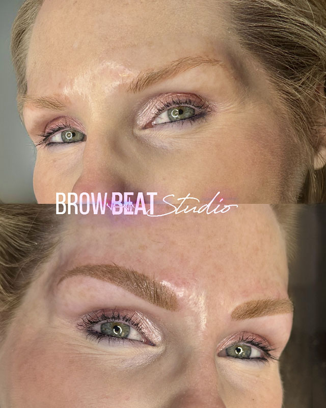 Blonde powder brows in healing stage with pigment settling