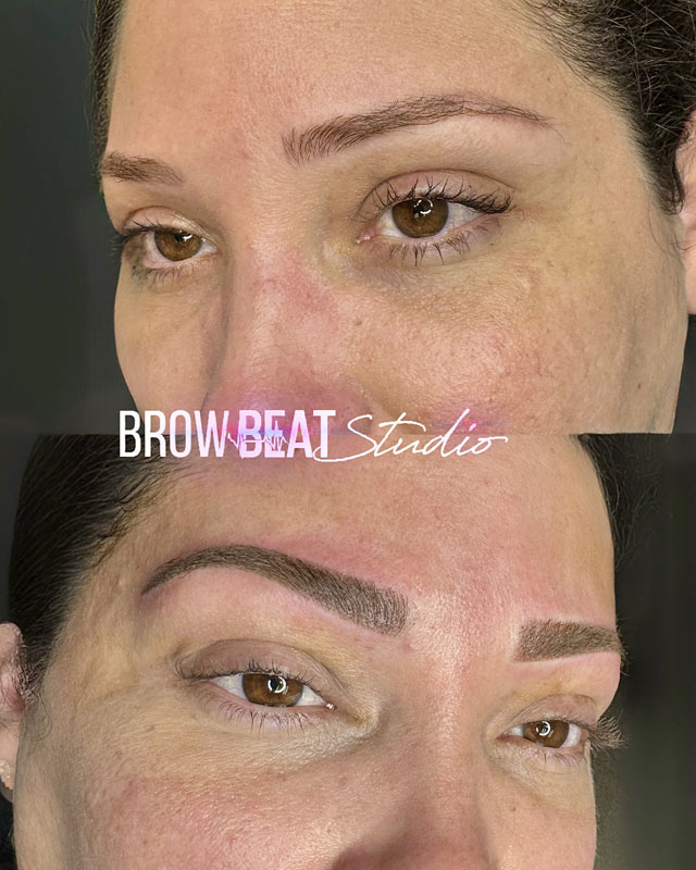 Dark brown powder brows with healing process visible