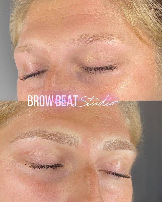 Full brow microblading enhancement before and after Bold eyebrow tattoo results showing complete brow enhancement