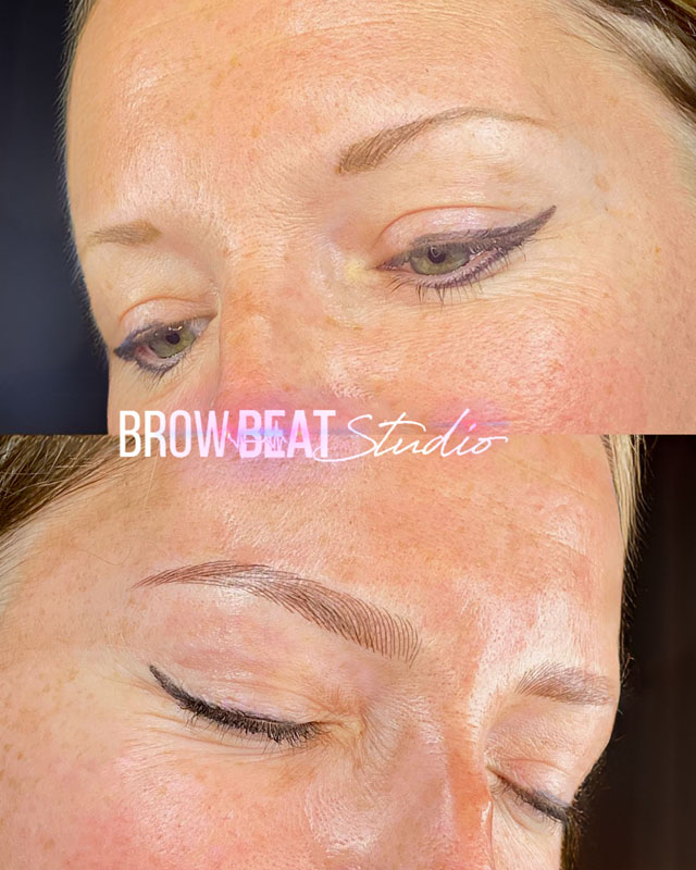 Uneven brows corrected with microblading strokes