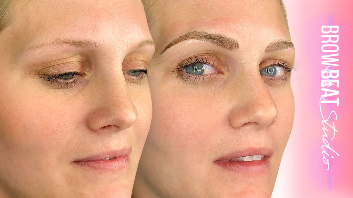 Blonde eyebrow tattoo results before and after microblading Blonde woman showing soft eyebrow microblading transformation