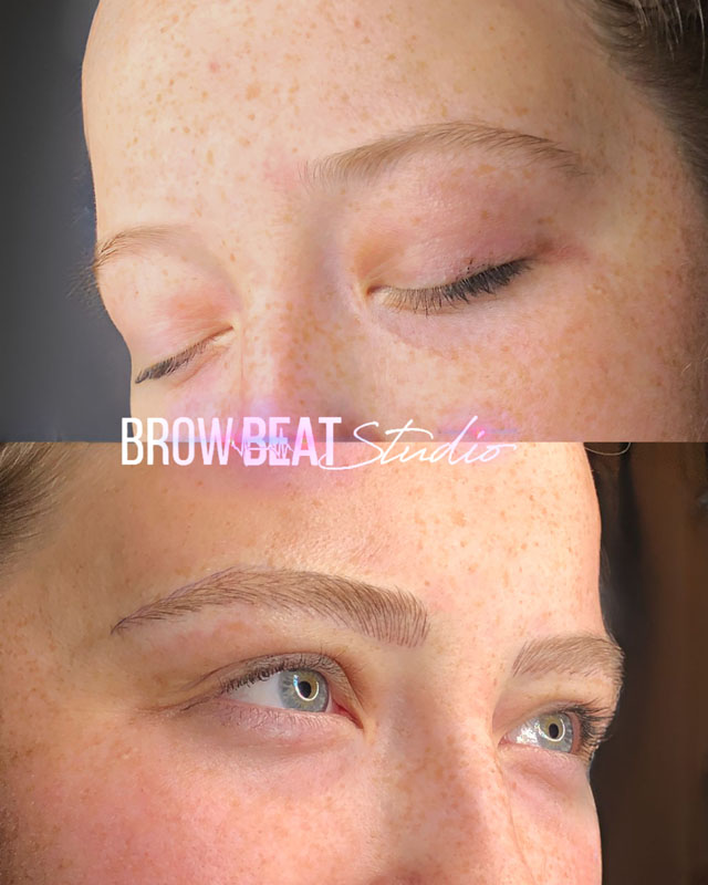 First microblading session results shown in before and after Eyebrow tattoo initial session transformation