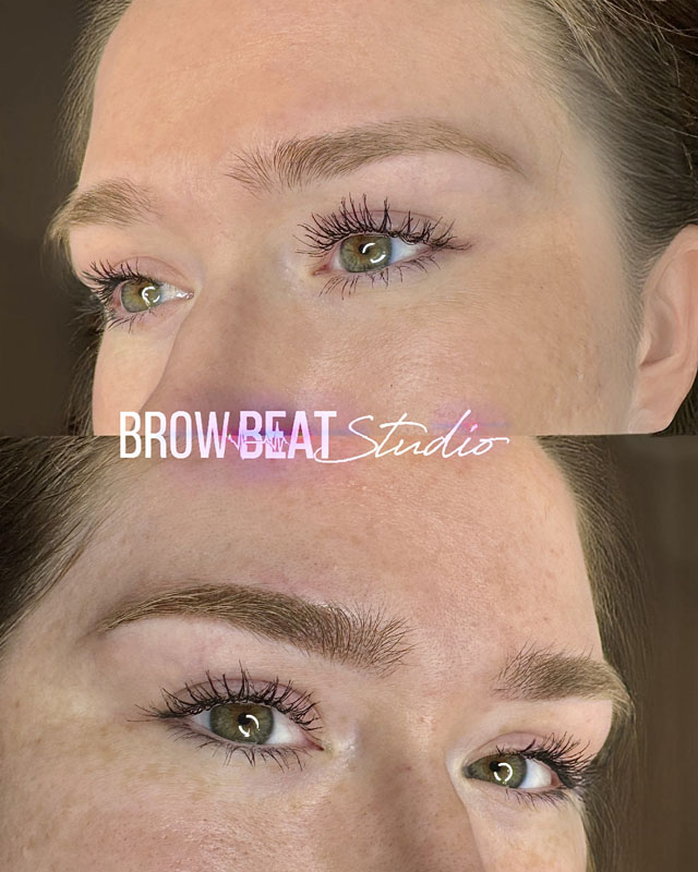 Happy client smiling after powder brow tattoo results