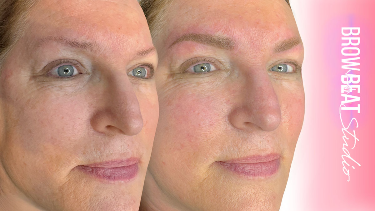 Client smiling after ombré brow shading results