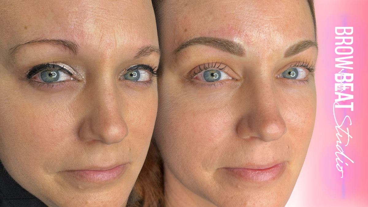 Brunette client sharing ombré brow treatment experience