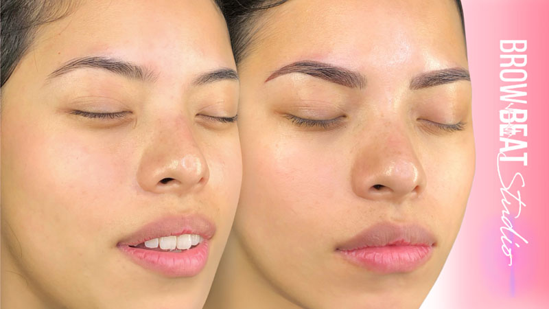 before and after semi-permanent brows showing natural enhancement and defined shape