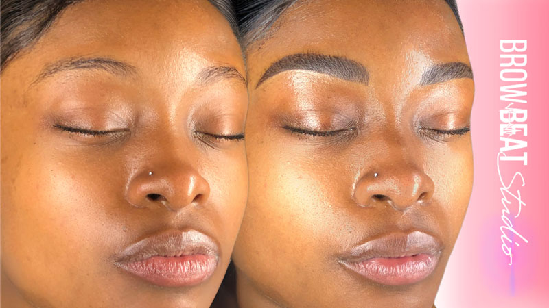 semi permanent brow transformation before after melanin skin before and after hybrid brows with machine-applied shading for sharp detail