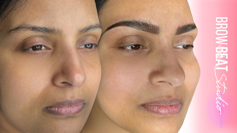 structured powder brow before after deeper tone example before and after showing structured powder brow uniform fill