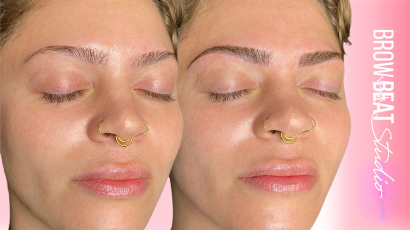 Softly spaced microblading strokes before and after for lightweight brow definition