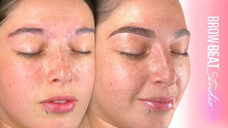 Fine hairstroke flow microblading Before and after microblading with natural directional patterns