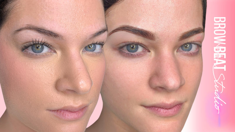 dimensional brows before and after shading before and after brows showing dimension created through varied shading depth