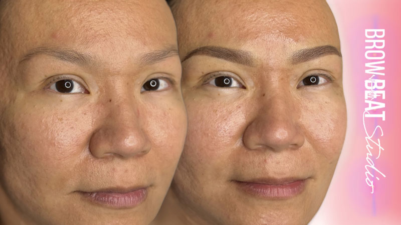 soft powder brow for middle-aged clients before after powder brow transition creating soft fullness on aging skin